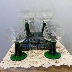 Set of 4-Vintage Etched Emerald Green Luminarc Beehive Rhein Roemer Wine Glasses